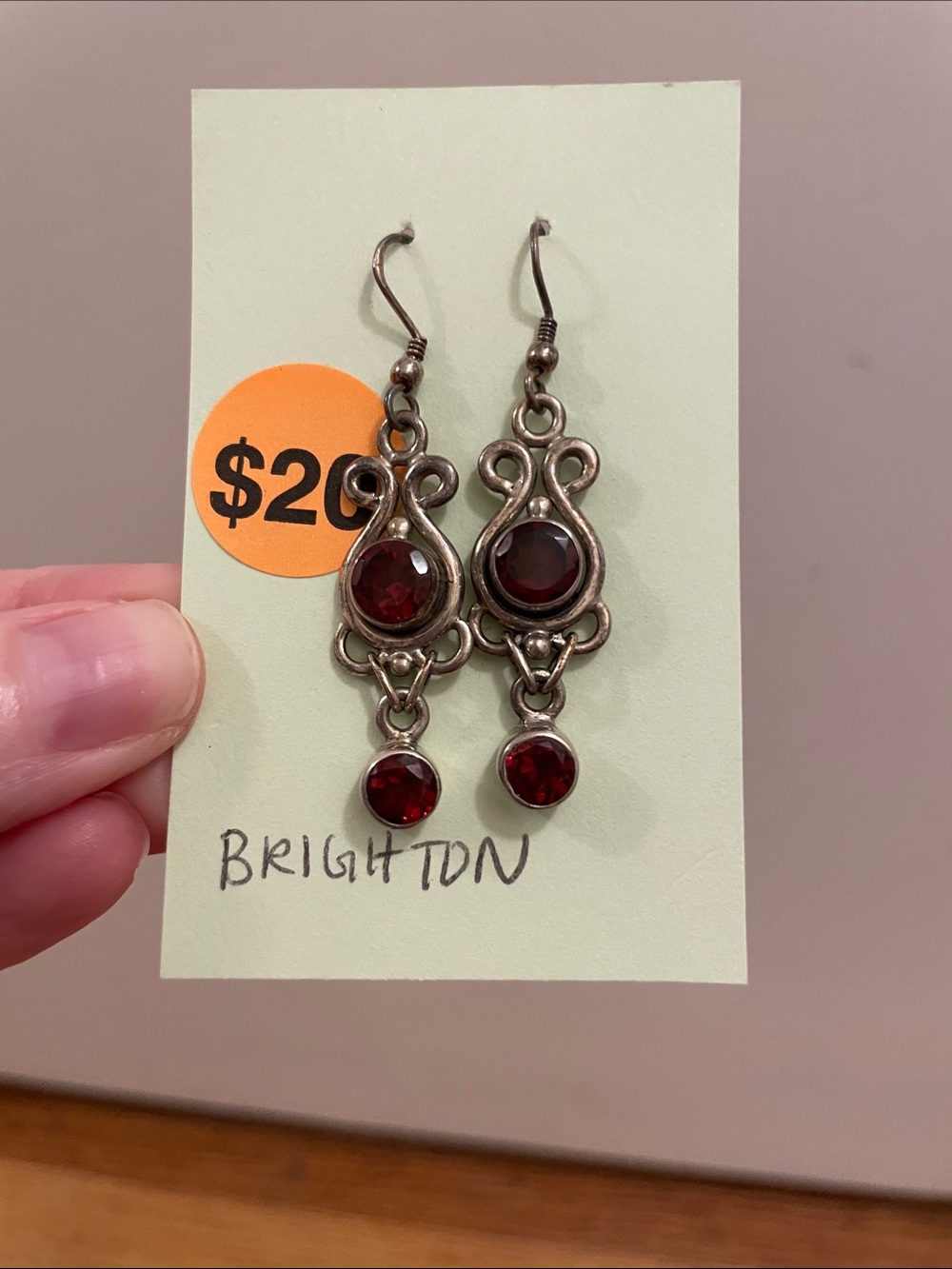 Brighton Garnet-Red Glass Drop Earrings in Silver-Tone Filigree